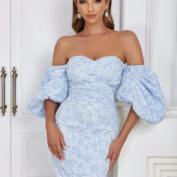 Off Shoulder Puff Sleeve Split Back Floral Jacquard Dress Baby Blue - Picture 5 of 5